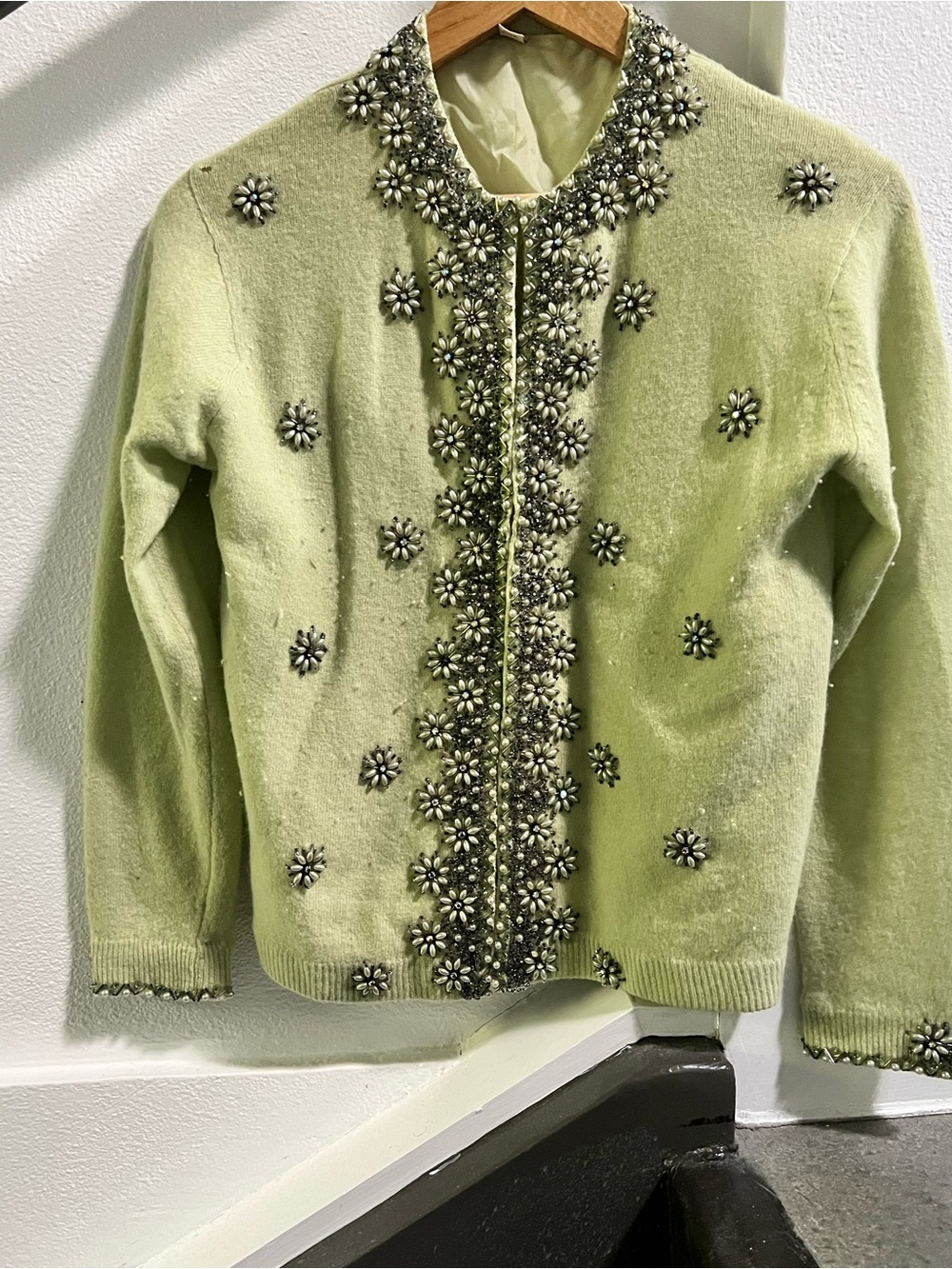 Vintage Beaded Light Green Sweater Cardigan